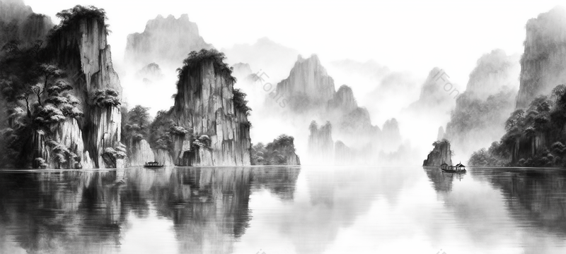 中国风谧静水墨风山水手绘背景图,插画/手绘图,插画/手绘图库,插画/手绘图下载,插画/手绘